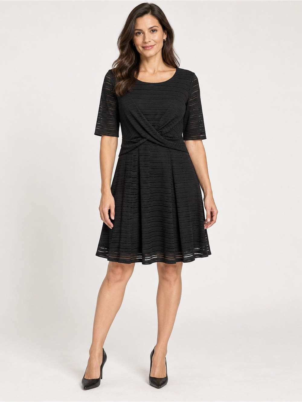 London Times Black Textured Fit & Flare Dress Size 14